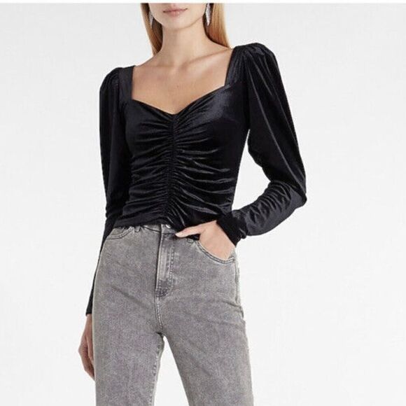 Express Velvet Long Sleeve Ruched Front Top Size Medium NWOT Black Whimsigoth - Picture 1 of 7